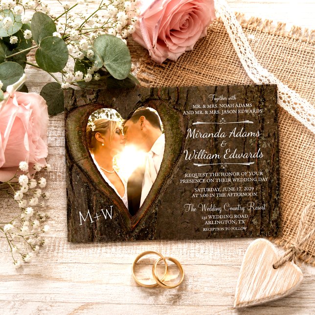Rustic Wood Tree Heart Photo Wedding Invitation (Creator Uploaded)