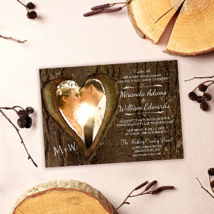 Rustic Wood Tree Heart Photo Wedding Invitation