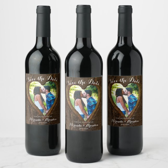 Rustic Wood Tree Heart Photo Wedding Wine Label (Bottles)