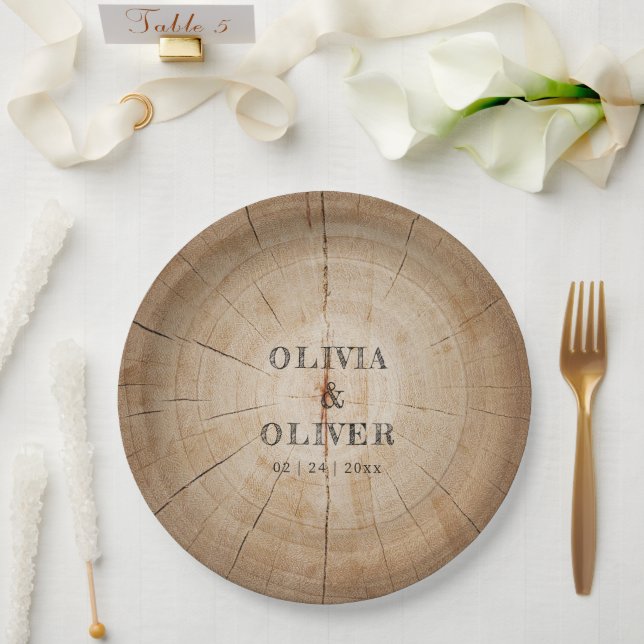 Rustic wood tree stump barn wedding  paper plate (Wedding)