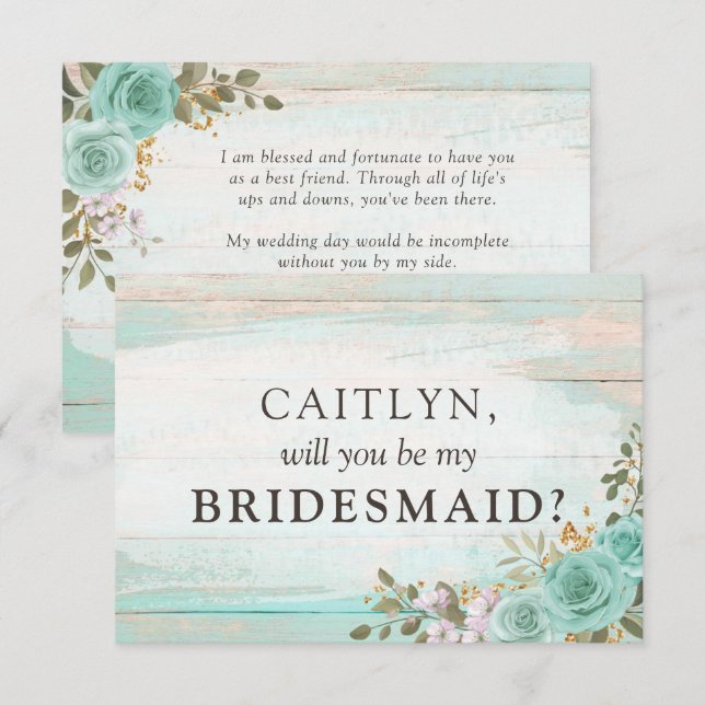 Rustic Wood Turquoise Floral Bridal Party Proposal Invitation (Front/Back)