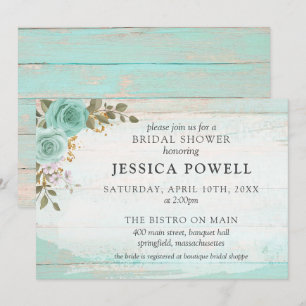 Rustic Wood Turquoise Floral Cottage Bridal Shower Invitation