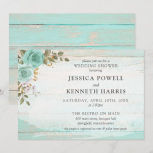 Rustic Wood Turquoise Floral Couple Wedding Shower Invitation