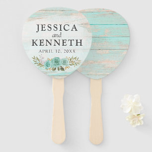 Rustic Wood Turquoise Floral Names & Wedding Date Hand Fan