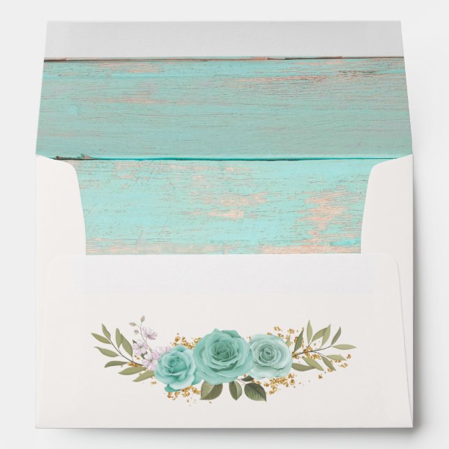 Rustic Wood Turquoise Floral Wedding Invitation Envelope (Back (Bottom))