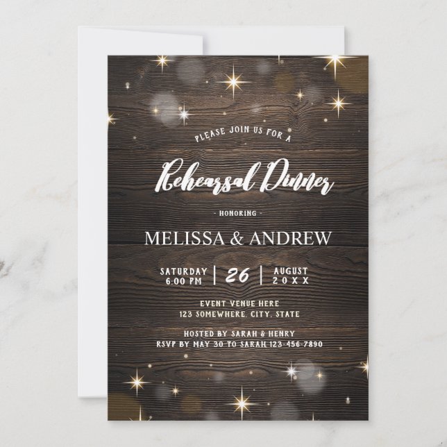 Rustic Wood Twinkle & Light Rehearsal Dinner  Invitation (Front)