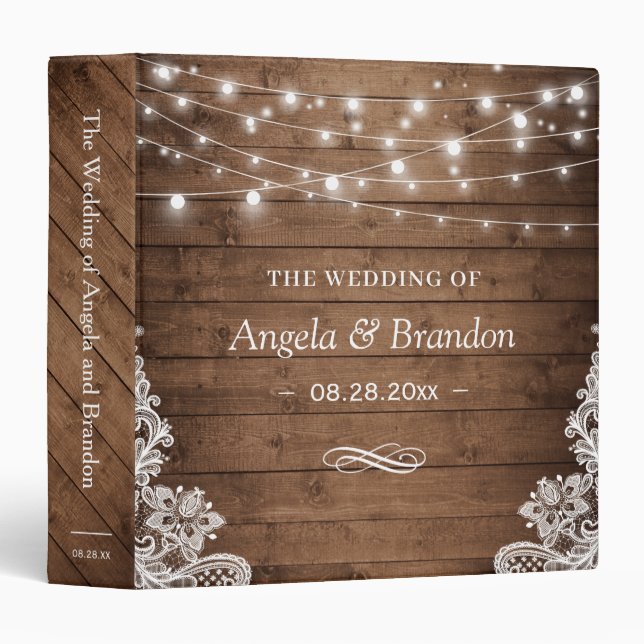 Rustic Wood Twinkle Lights Lace Wedding Binder (Front/Spine)