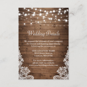 Rustic Wood Twinkle Lights Lace Wedding Details Enclosure Card