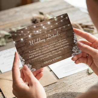 Rustic Wood Twinkle Lights Lace Wedding Details Enclosure Card
