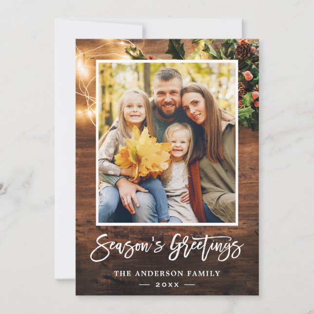 Rustic Wood Twinkle Lights Season's Greeting Photo Holiday Card (Front)