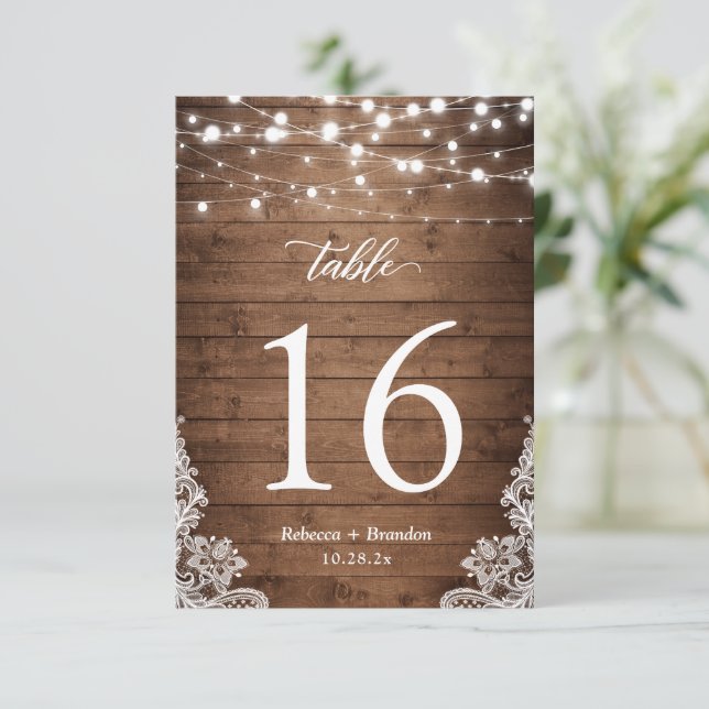 Rustic Wood Twinkle Lights Wedding Table Number (Standing Front)