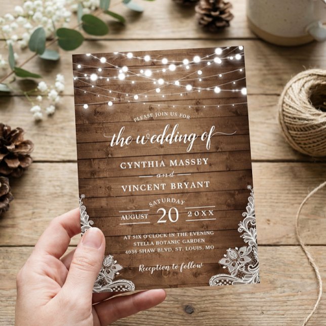 Rustic Wood Twinkle String Lights Lace Wedding Invitation (Creator Uploaded)