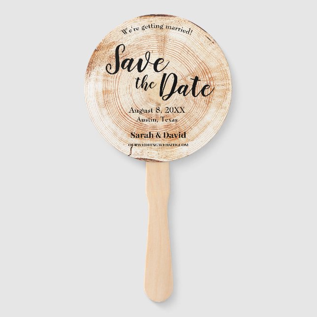 Rustic Wood Unique Wedding Save the date Hand Fan (Front)