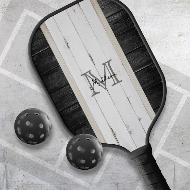 Rustic Wood Vertical Stripe Black White Pickleball Paddle (Creator Uploaded)
