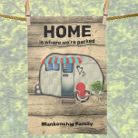 Rustic Wood Vintage Camper Red Chair Cute Custom  Kitchen Towel<br><div class="desc">Home is where you are parked for the campers at heart. This fun design features a template message with a rustic wood background for a vintage camper. Fill in the template fields, remove any text or all text or edit using the design tool to select a font style, size, and...</div>