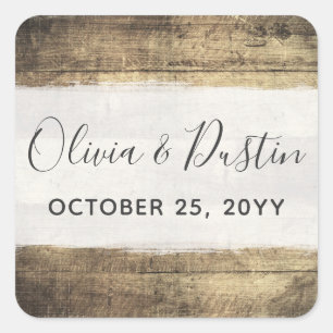 Rustic Wood Vintage Country Wedding Names / Date Square Sticker
