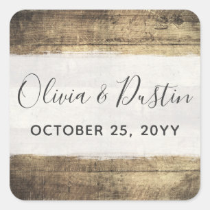 Rustic Wood Vintage Country Wedding Names / Date Square Sticker