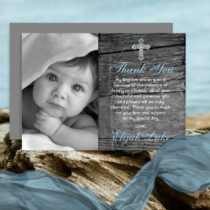 Rustic Wood Vintage Cross Photo Baptism Thank You