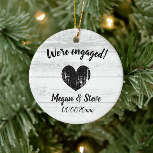 Rustic wood vintage heart engagement Christmas Ceramic Ornament