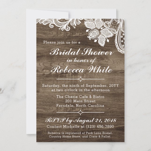 Rustic Wood & Vintage Lace Bridal Shower Invite (Front)
