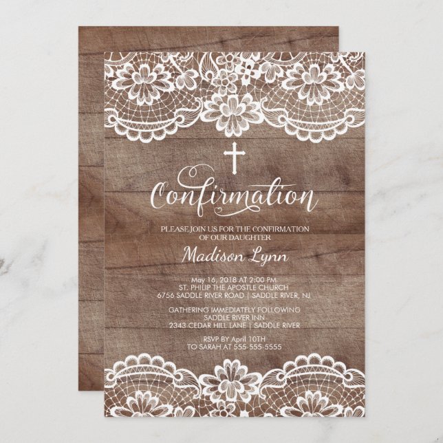 Rustic Wood Vintage Lace Confirmation Invitation (Front/Back)