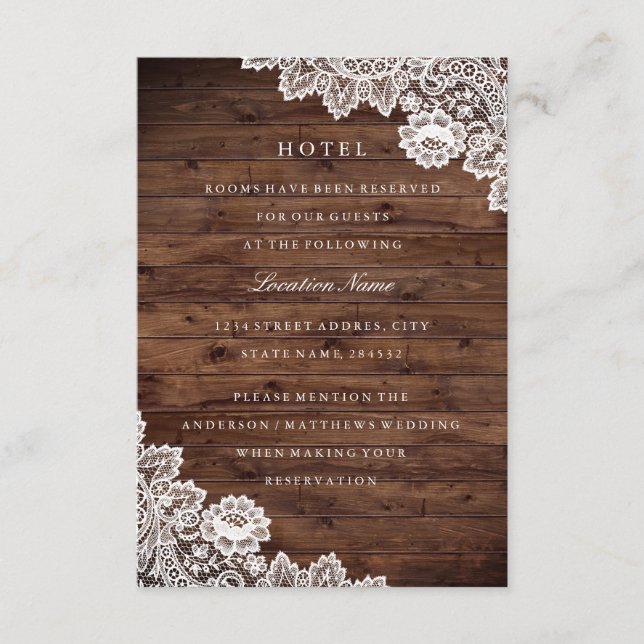 Rustic Wood Vintage Lace Hotel Accommodation Enclosure Card (Front)