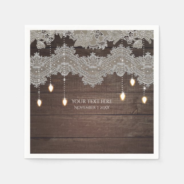 Rustic Wood & Vintage Lace & Lights Elegant Napkin (Front)