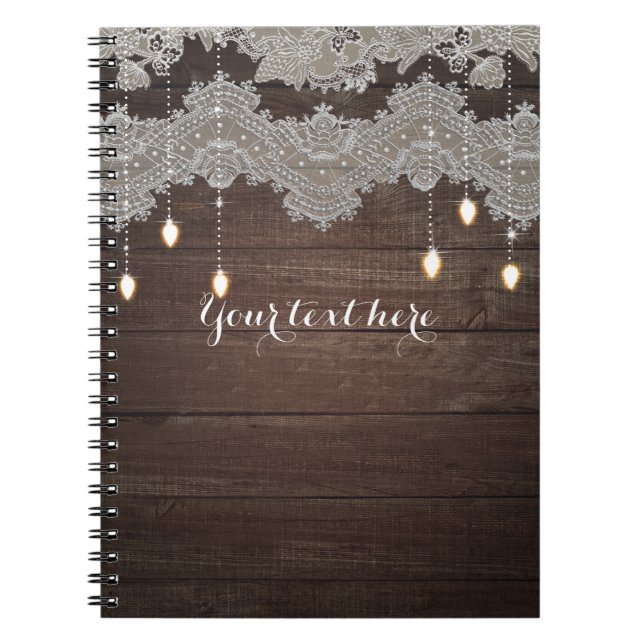 Rustic Wood & Vintage Lace & Lights Elegant Notebook (Front)
