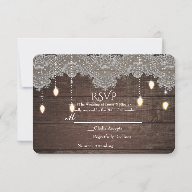 Rustic Wood & Vintage Lace & Lights Elegant RSVP Card (Front)