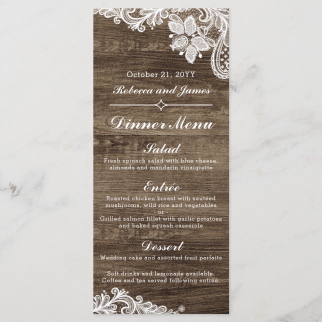 Rustic Wood & Vintage Lace Wedding Dinner Menu (Front)