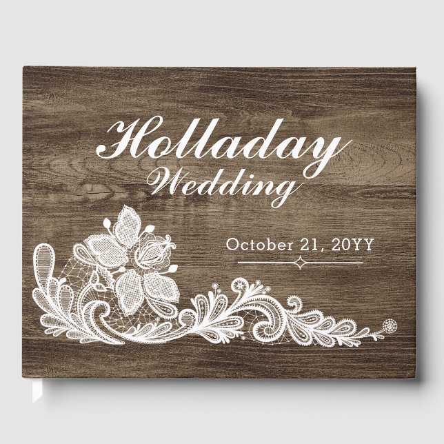 Rustic Wood & Vintage Lace Wedding Personalized Guest Book (Front)