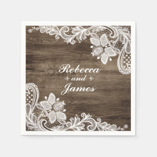 Rustic Wood & Vintage Lace Wedding Personalized Napkin