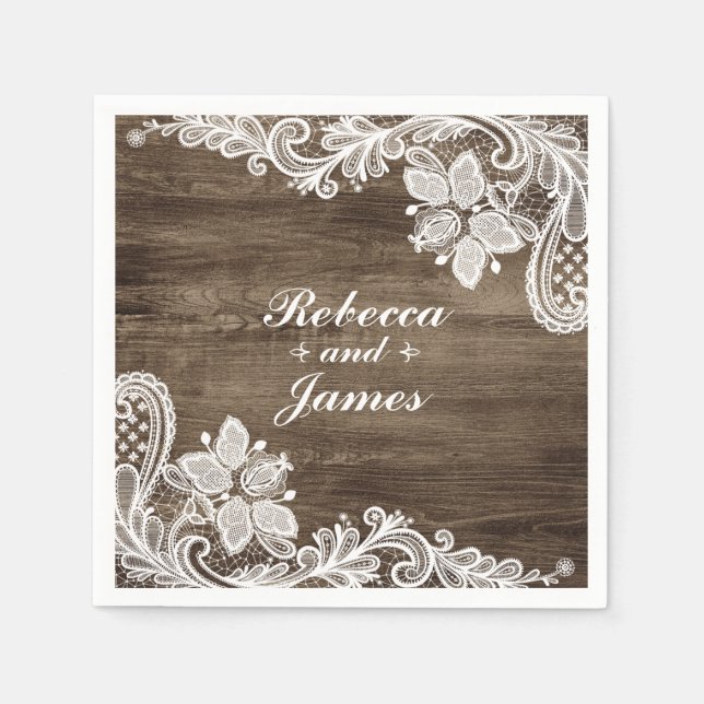 Rustic Wood & Vintage Lace Wedding Personalized Napkin (Front)