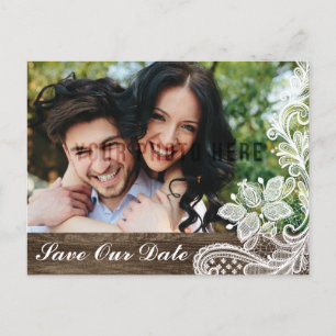 Rustic Wood & Vintage Lace Wedding Save The Date Announcement Postcard
