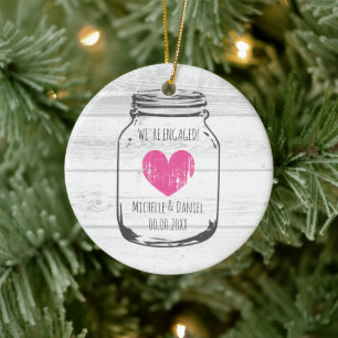 Rustic wood vintage mason jar engagement Christmas Ceramic Ornament