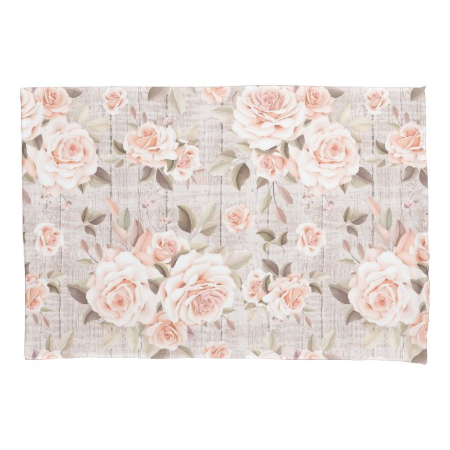 Rustic Wood & Vintage Roses Romantic Shabby Chic Pillowcase (Front)