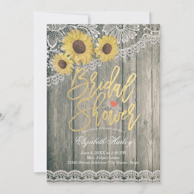 Rustic Wood Vintage Sunflowers Lace Bridal Shower Invitation (Front)