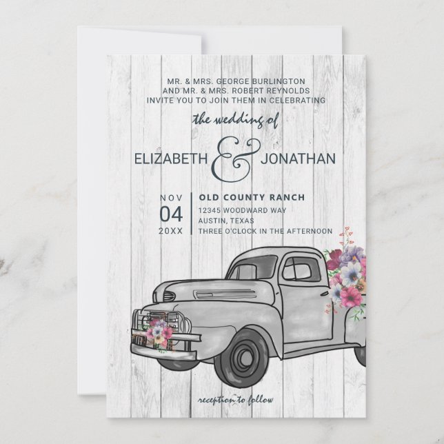 Rustic Wood Vintage Truck Boho Wedding Invitation (Front)