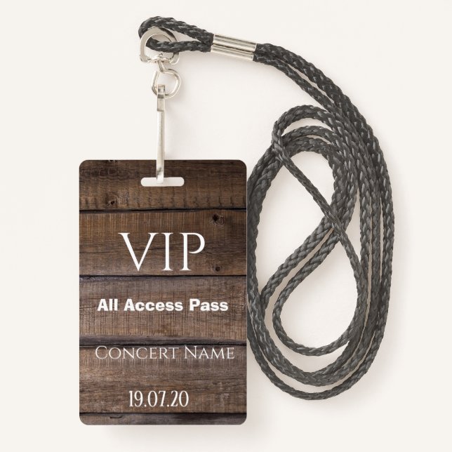 Rustic Wood VIP All Access Pass Concert Badge (Front with Lanyard)