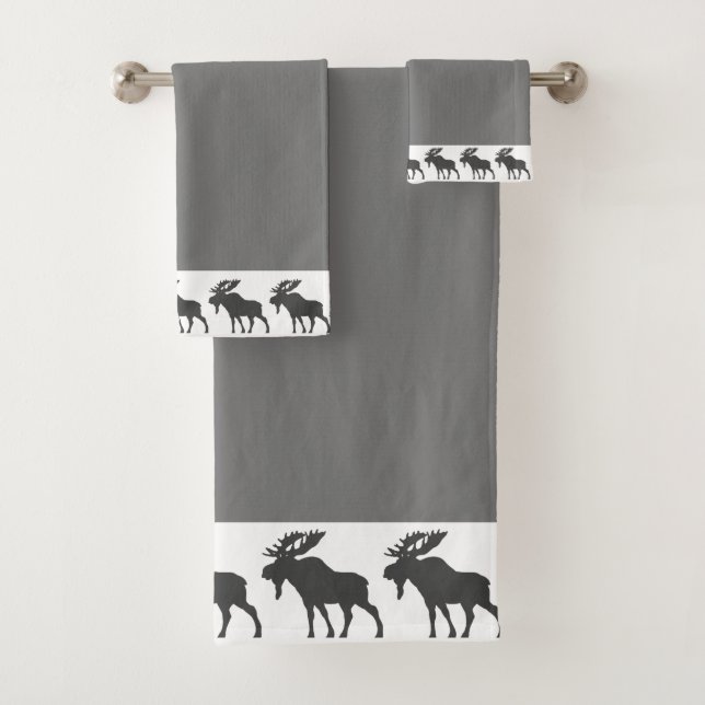 Rustic Wood Walking Moose Grey Bath Towel Set (Insitu)
