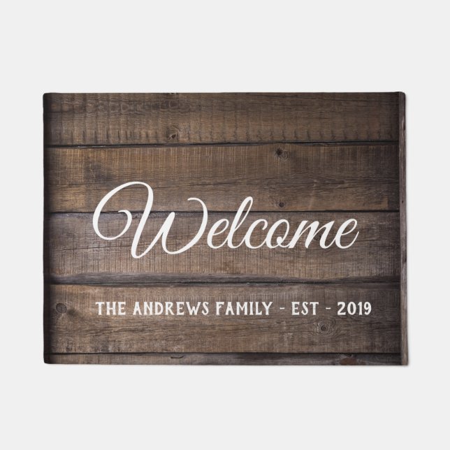 Rustic Wood Warm Welcome Calligraphy Doormat (Front)