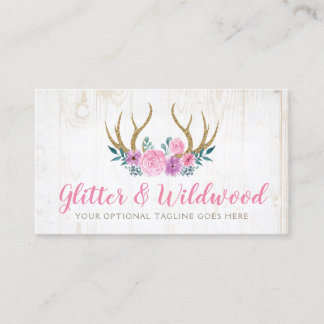 Rustic Wood & Watercolor Floral Antlers Boutique Business Card