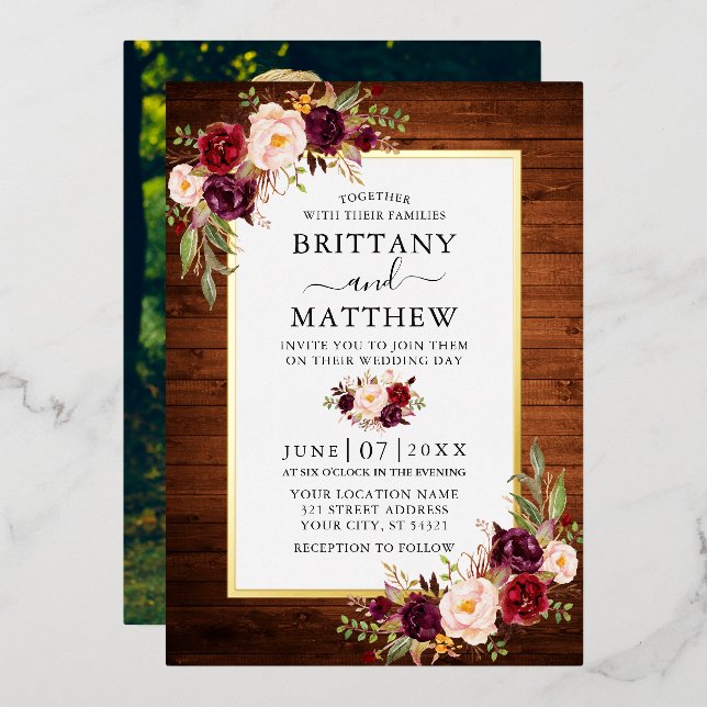 Rustic Wood Watercolor Floral Photo Gold (Front/Back)