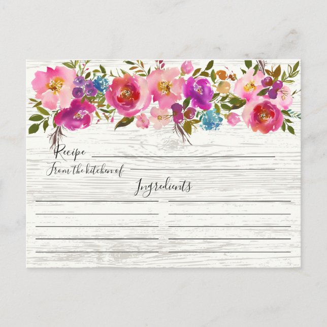 Rustic Wood Watercolor Floral Recipe Card (Front)