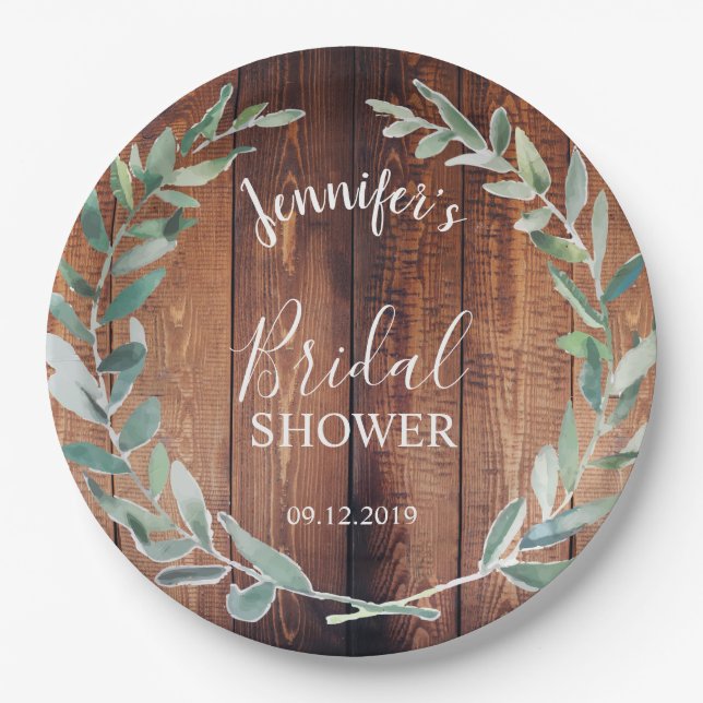 Rustic wood watercolor leaves Bridal shower Paper Plate (Front)