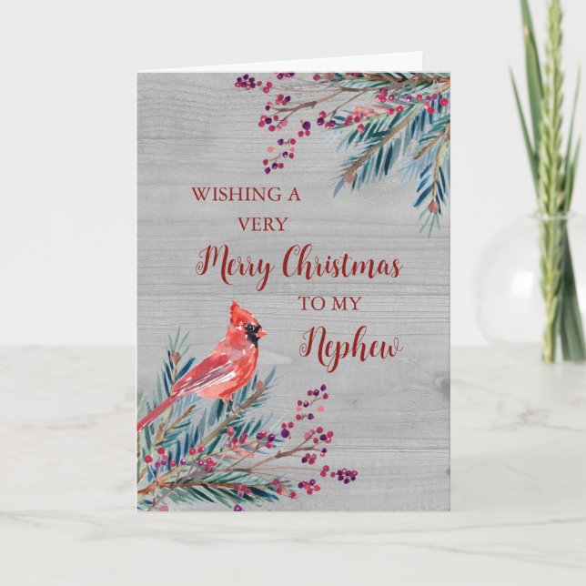 Rustic Wood Watercolor Nephew Merry Christmas Card (Front)