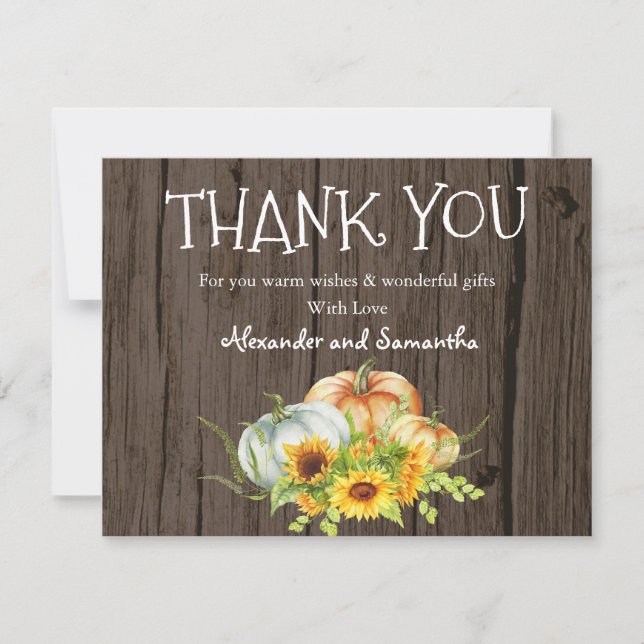 Rustic Wood Watercolor Pumpkin Fall Thank You Card (Front)