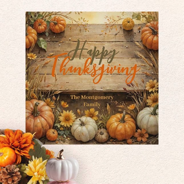 Rustic Wood Watercolor Pumpkin Family Thanksgiving Poster (Creator Uploaded)