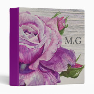 Rustic Wood Watercolor Purple Rose Monogram Binder
