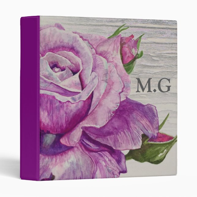 Rustic Wood Watercolor Purple Rose Monogram Binder (Front/Spine)